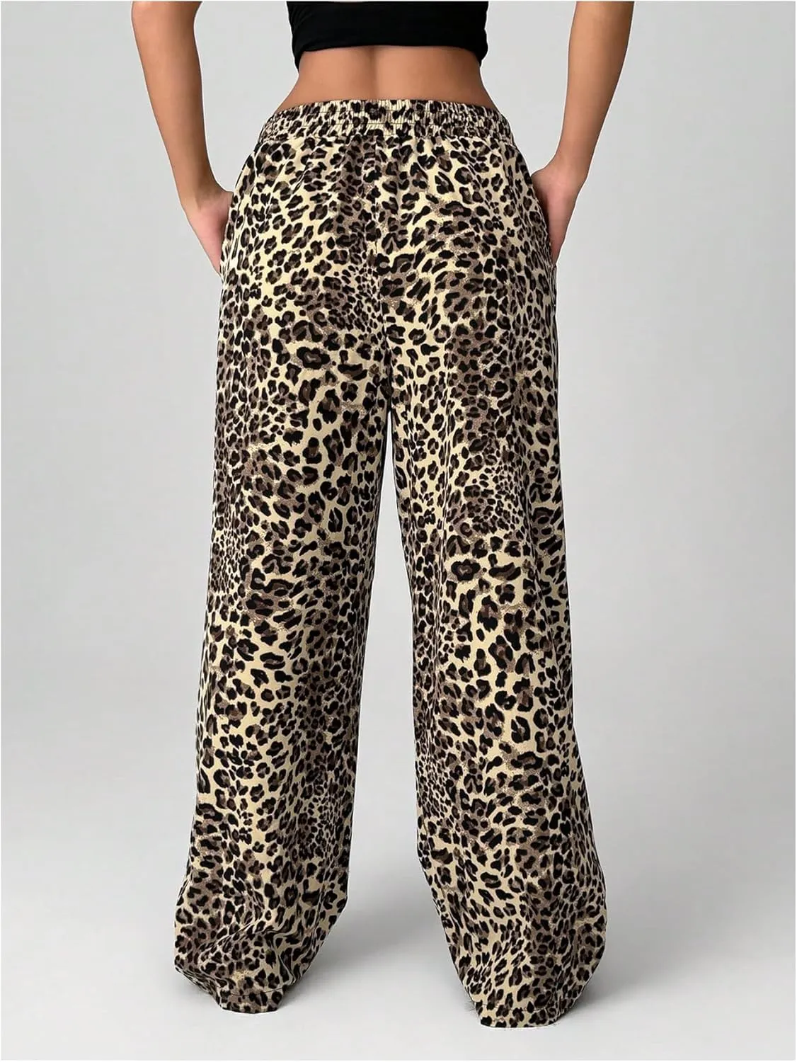 Women's Letter Leopard Print Straight Leg Pants Elastic Waist Y2K Trousers Bottoms with Pockets