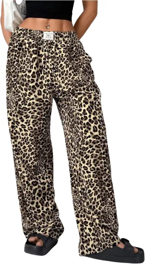 Women's Letter Leopard Print Straight Leg Pants Elastic Waist Y2K Trousers Bottoms with Pockets