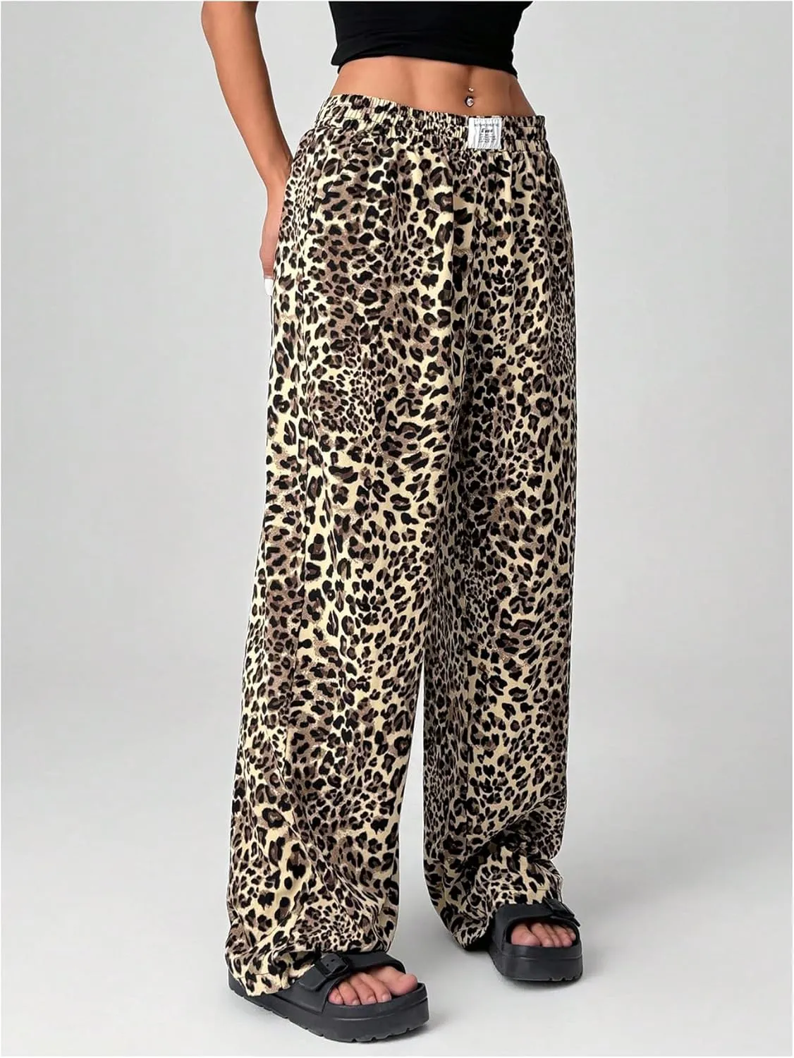 Women's Letter Leopard Print Straight Leg Pants Elastic Waist Y2K Trousers Bottoms with Pockets