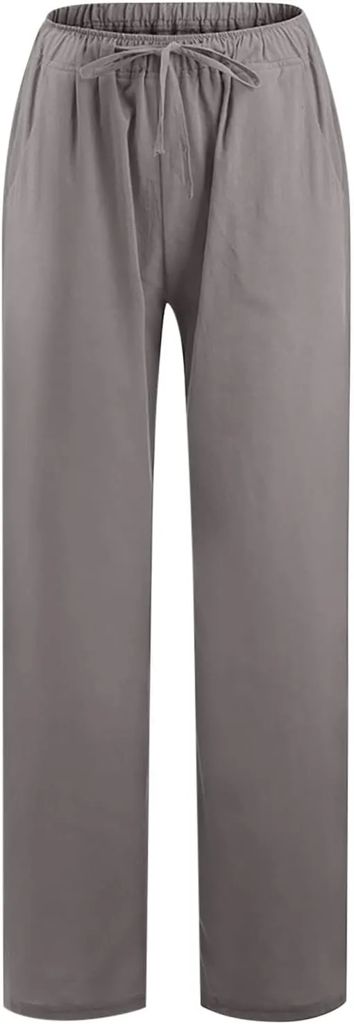 Women's Linen Pants Wide Leg Summer Pants High Waisted Palazzo Pants Comfy Beach Pants Soft Lounge Pants Trousers
