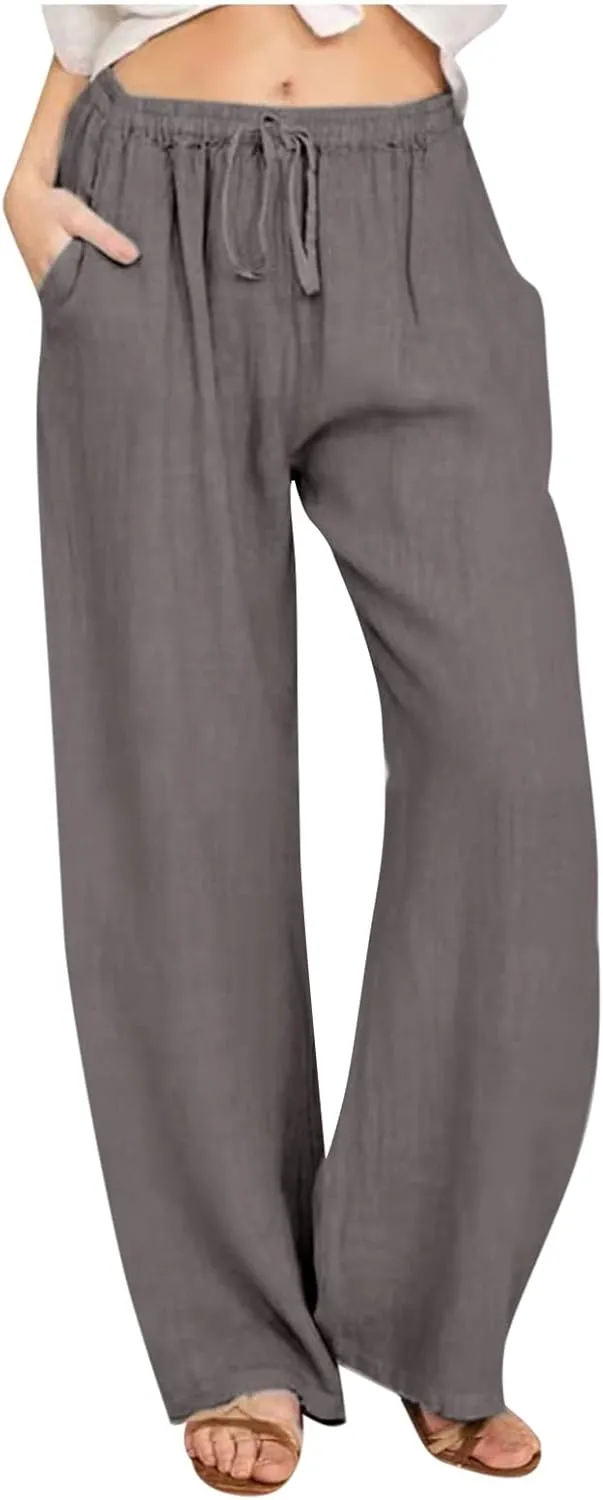 Women's Linen Pants Wide Leg Summer Pants High Waisted Palazzo Pants Comfy Beach Pants Soft Lounge Pants Trousers