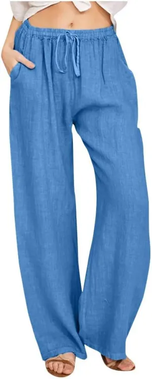 Women's Linen Pants Wide Leg Summer Pants High Waisted Palazzo Pants Comfy Beach Pants Soft Lounge Pants Trousers