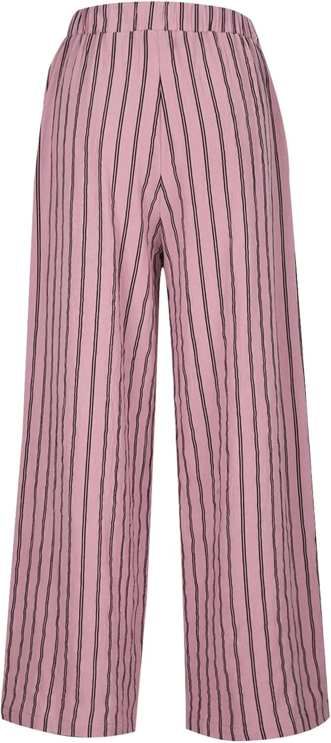 Womens Linen Stripe Pants Summer Boho Pants for 2024 Straight Leg Pants Elastic Waist Pants Loose Fitting Pants
