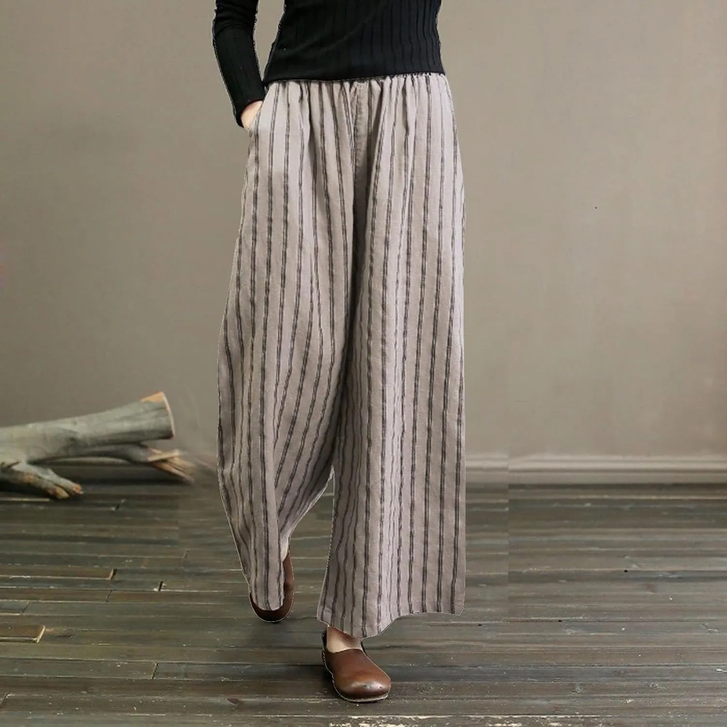 Womens Linen Stripe Pants Summer Boho Pants for 2024 Straight Leg Pants Elastic Waist Pants Loose Fitting Pants