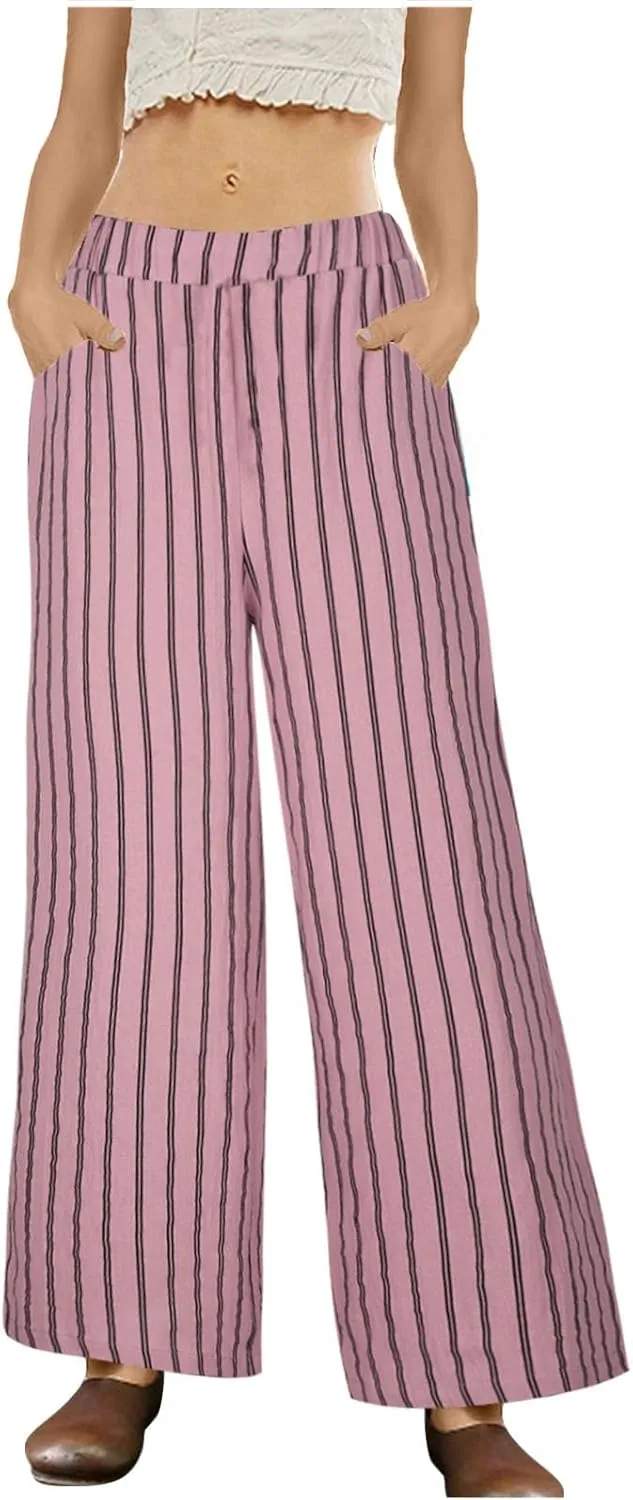 Womens Linen Stripe Pants Summer Boho Pants for 2024 Straight Leg Pants Elastic Waist Pants Loose Fitting Pants