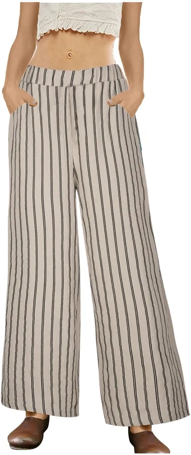 Womens Linen Stripe Pants Summer Boho Pants for 2024 Straight Leg Pants Elastic Waist Pants Loose Fitting Pants