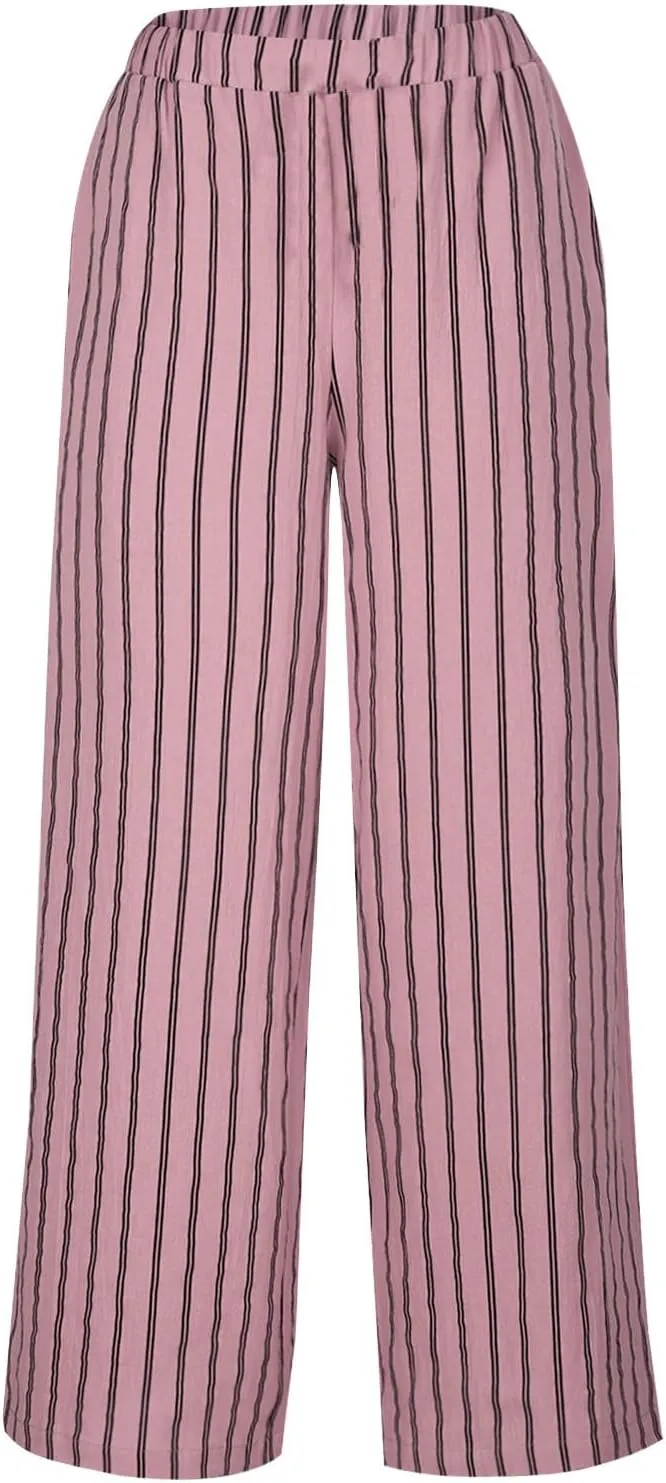 Womens Linen Stripe Pants Summer Boho Pants for 2024 Straight Leg Pants Elastic Waist Pants Loose Fitting Pants