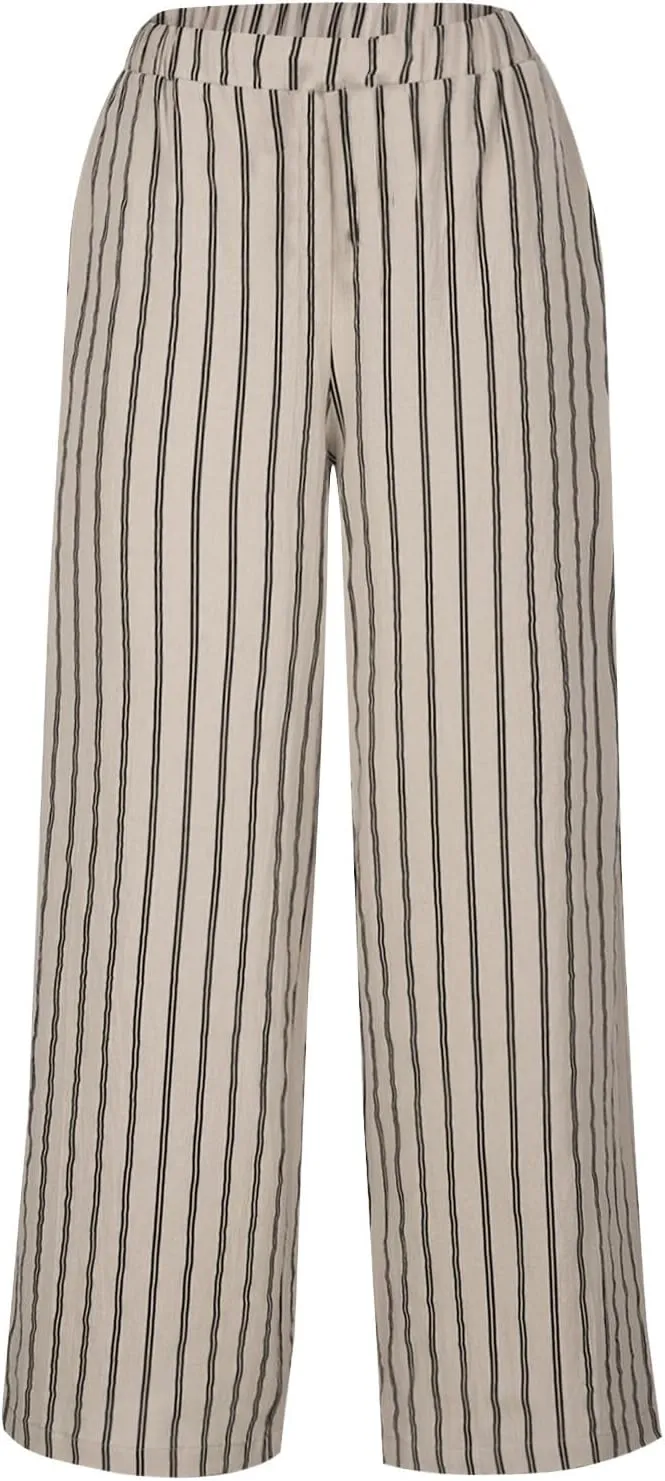 Womens Linen Stripe Pants Summer Boho Pants for 2024 Straight Leg Pants Elastic Waist Pants Loose Fitting Pants