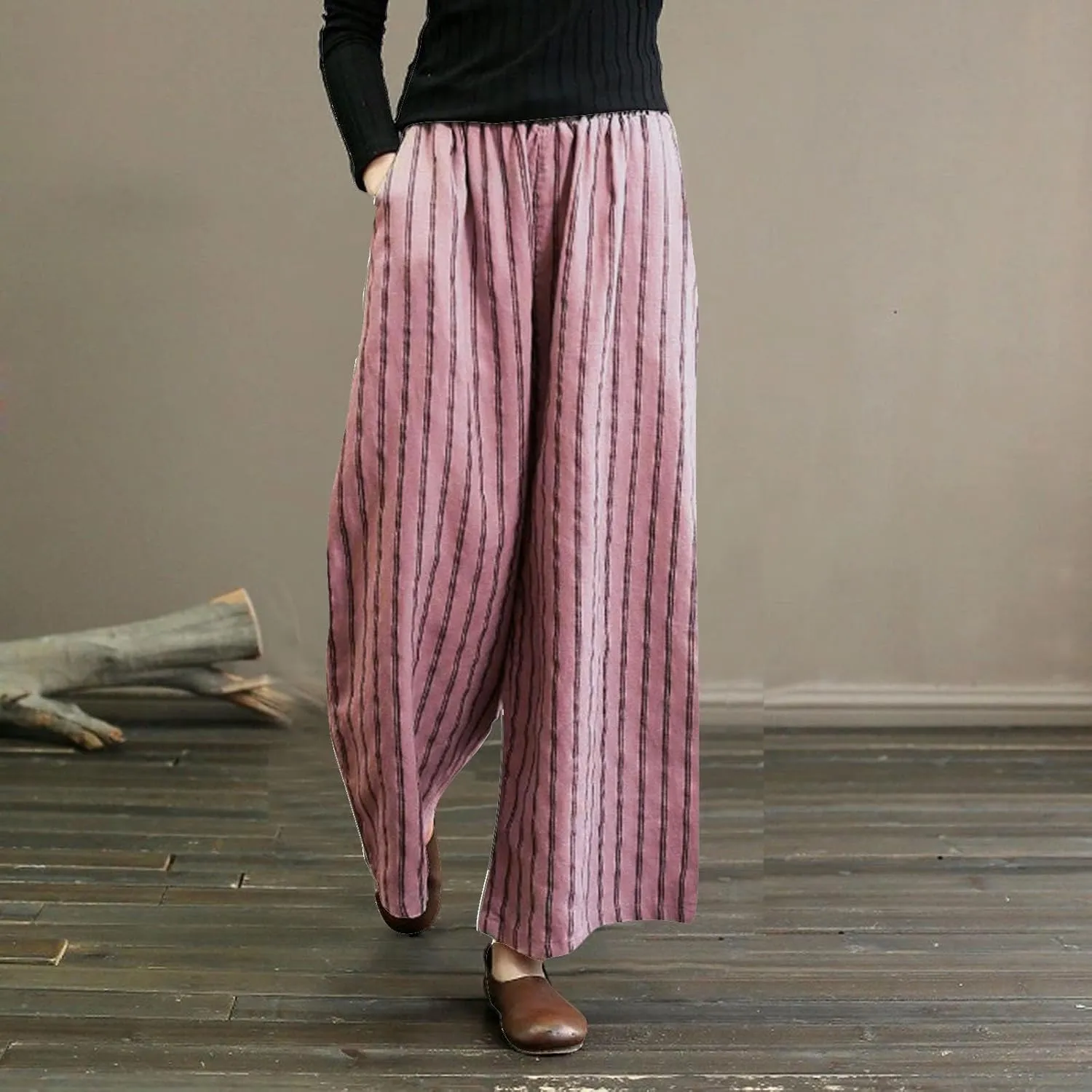 Womens Linen Stripe Pants Summer Boho Pants for 2024 Straight Leg Pants Elastic Waist Pants Loose Fitting Pants