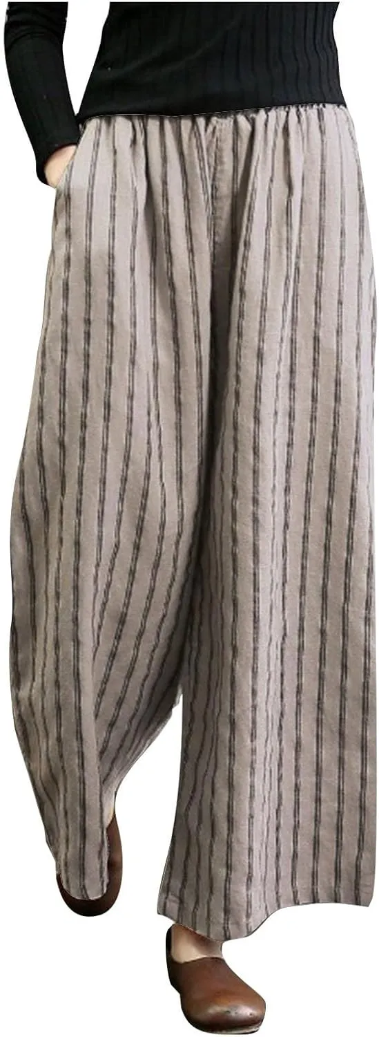Womens Linen Stripe Pants Summer Boho Pants for 2024 Straight Leg Pants Elastic Waist Pants Loose Fitting Pants