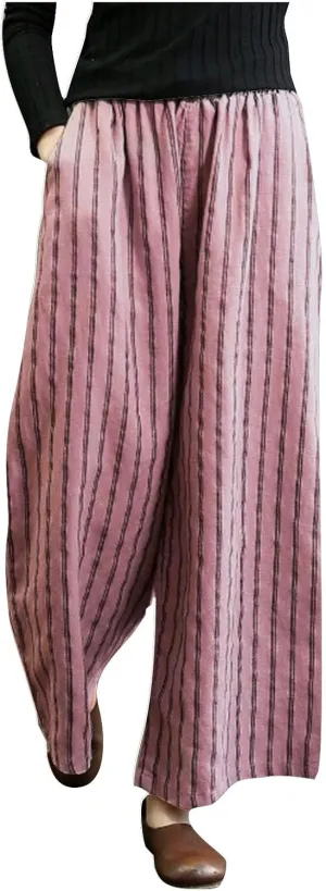 Womens Linen Stripe Pants Summer Boho Pants for 2024 Straight Leg Pants Elastic Waist Pants Loose Fitting Pants