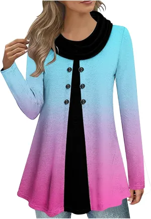Womens Long Sleeve Cowl Neck Tops Button Down Tops Casual Trendy Tops Loose Fitting Tops Plus Size Gradient Tunic