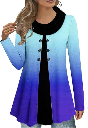 Womens Long Sleeve Cowl Neck Tops Button Down Tops Casual Trendy Tops Loose Fitting Tops Plus Size Gradient Tunic
