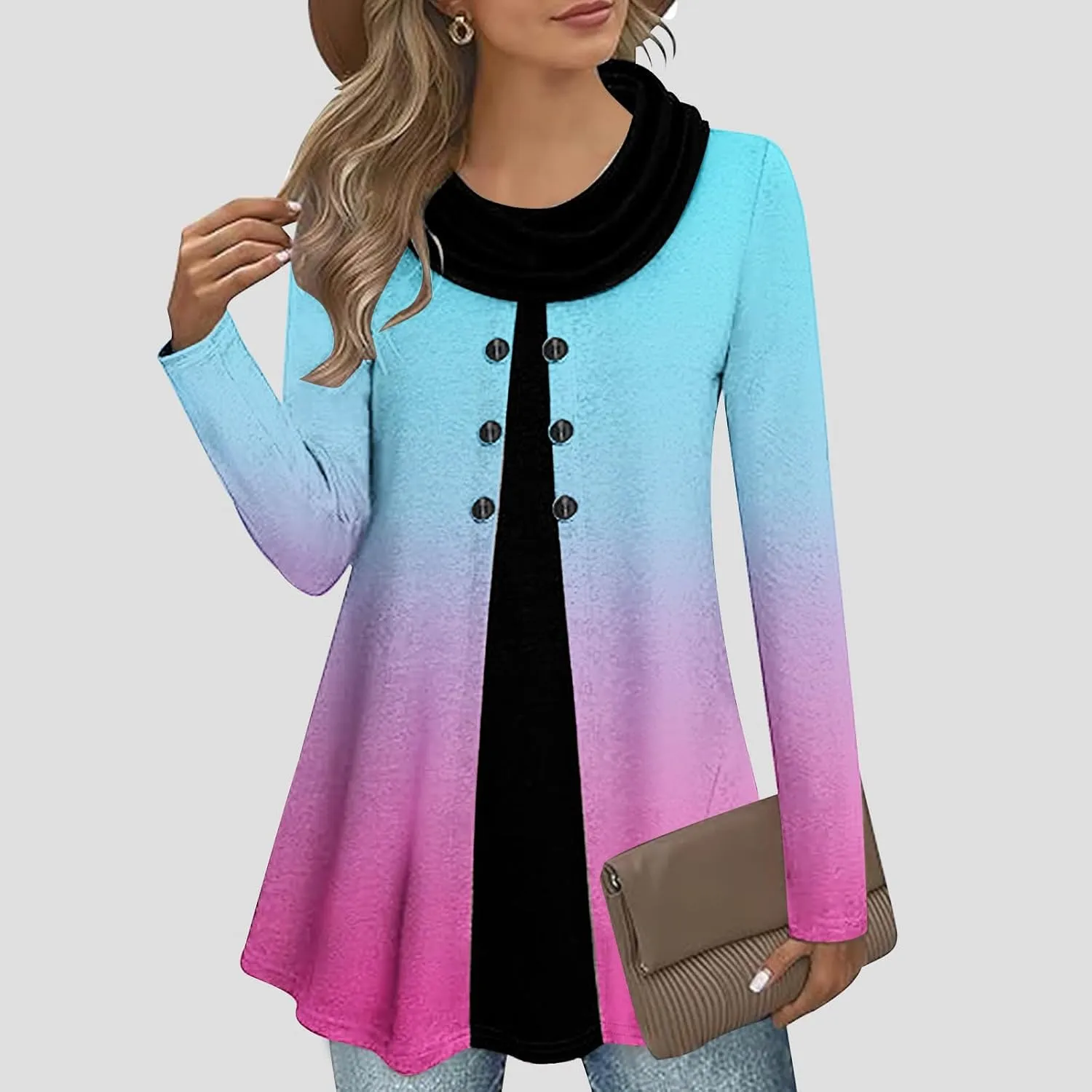 Womens Long Sleeve Cowl Neck Tops Button Down Tops Casual Trendy Tops Loose Fitting Tops Plus Size Gradient Tunic