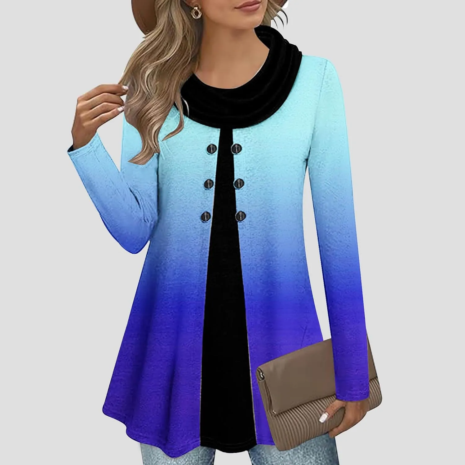 Womens Long Sleeve Cowl Neck Tops Button Down Tops Casual Trendy Tops Loose Fitting Tops Plus Size Gradient Tunic
