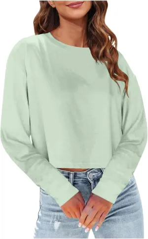 Womens Long Sleeve Cropped T-Shirts Round Neck Drop Shoulder Crop Sweatshirts Solid Casual Crop Tops
