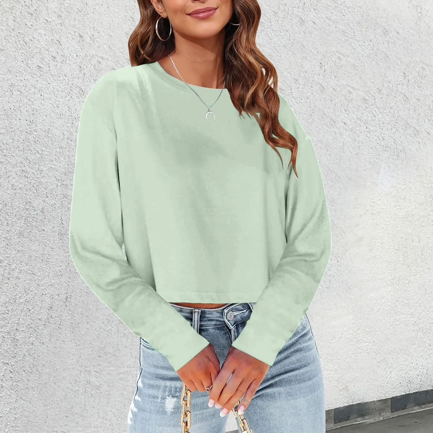 Womens Long Sleeve Cropped T-Shirts Round Neck Drop Shoulder Crop Sweatshirts Solid Casual Crop Tops