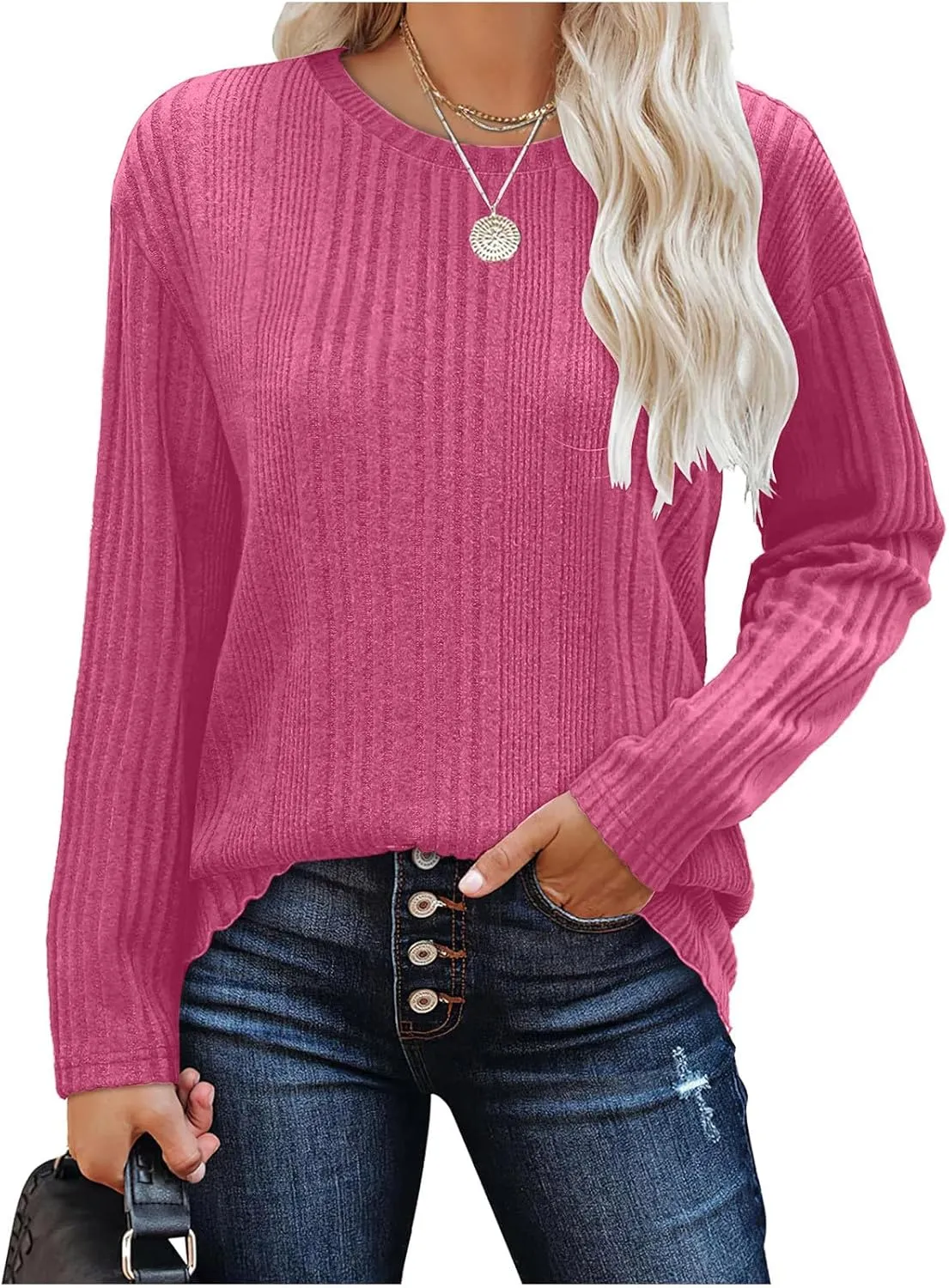 Women's Long Sleeve Tops Crewneck Pullover Sweater Basic Casual Solid Color Tops Fall Soft Drop Shoulder Sweater