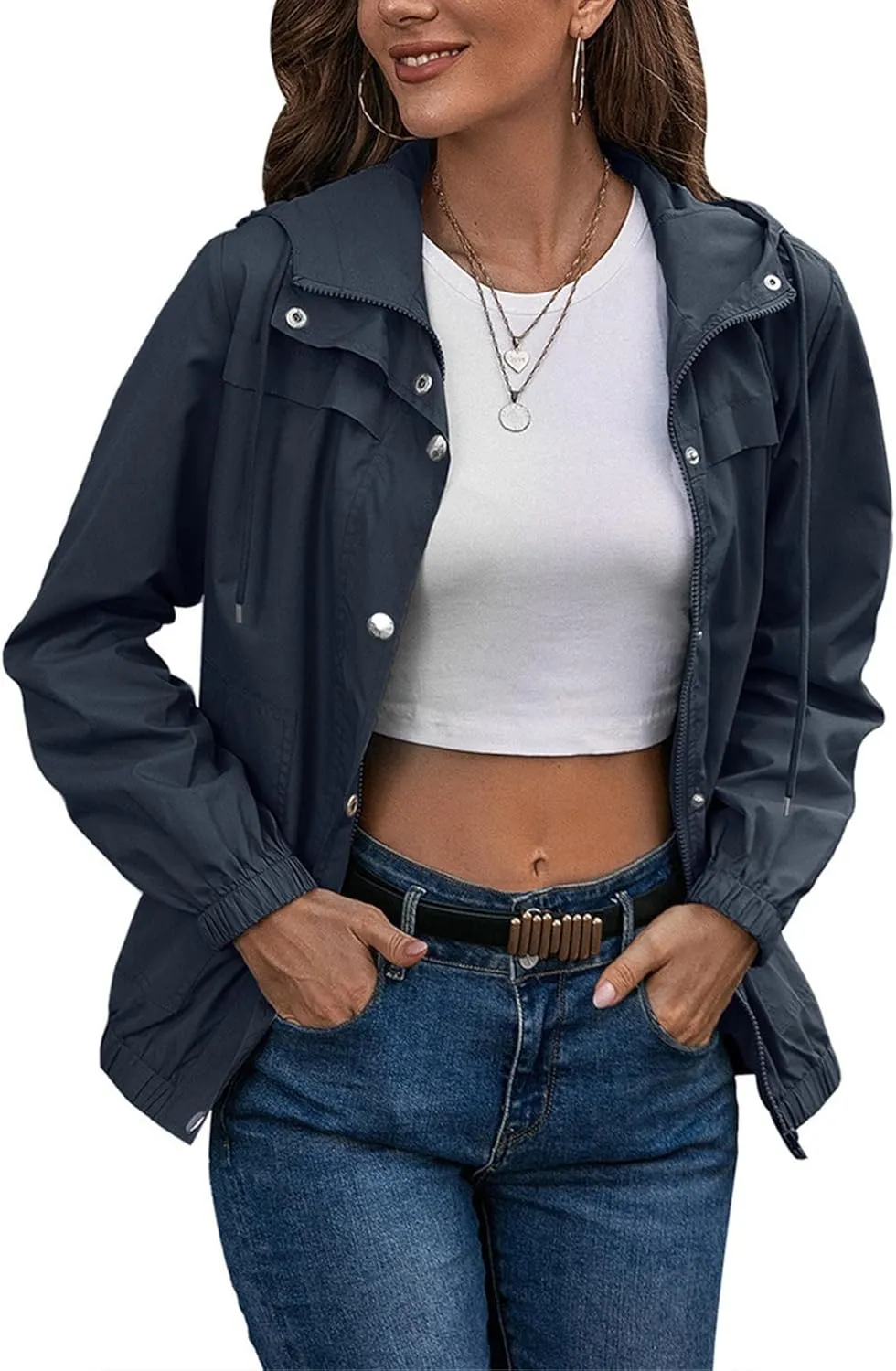 Womens Rain Jacket with Hood Waterproof Anorak Hooded Raincoat Long Sleeve Winter Warm Smooth Lightweight Outdoor Coat