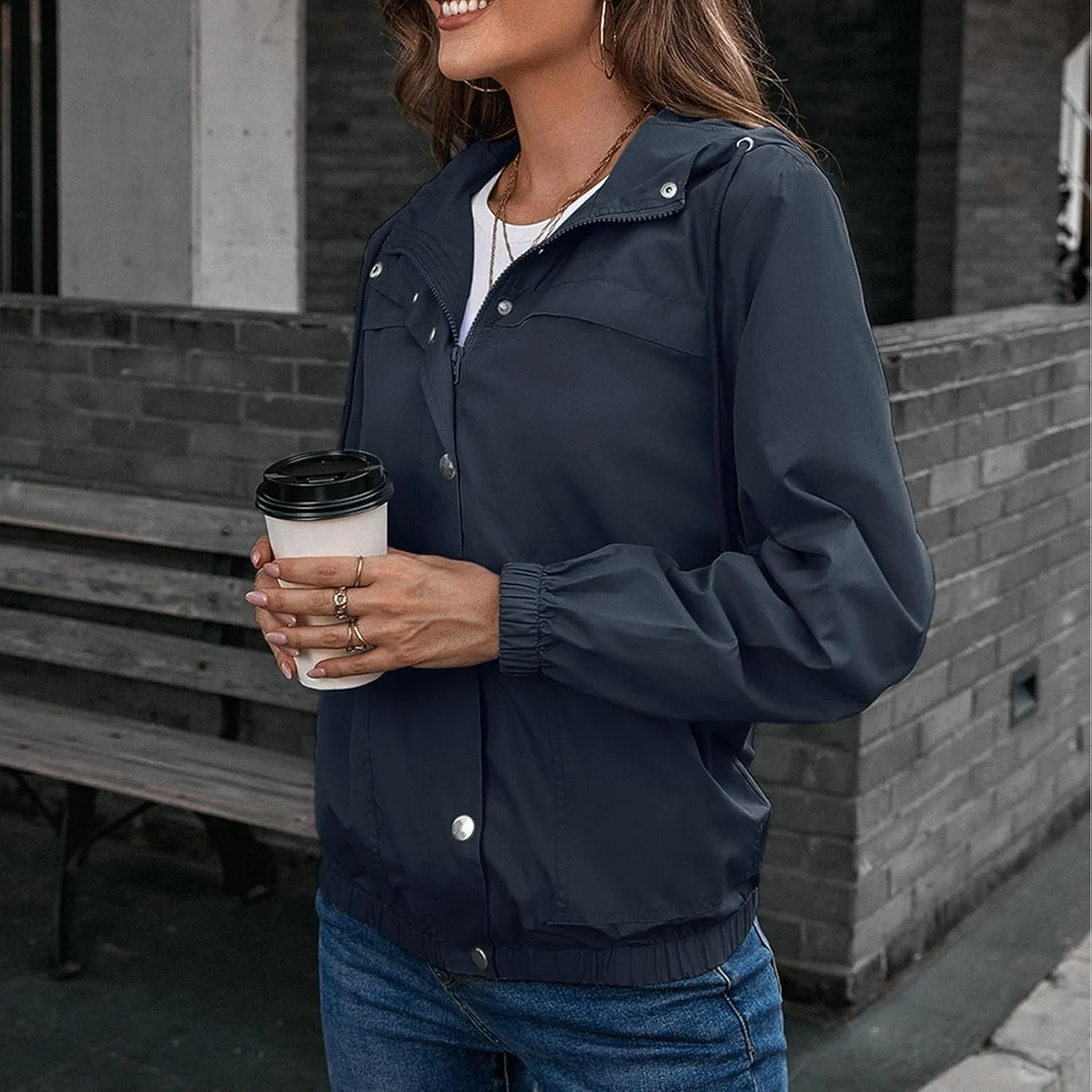 Womens Rain Jacket with Hood Waterproof Anorak Hooded Raincoat Long Sleeve Winter Warm Smooth Pocket Travel Spring