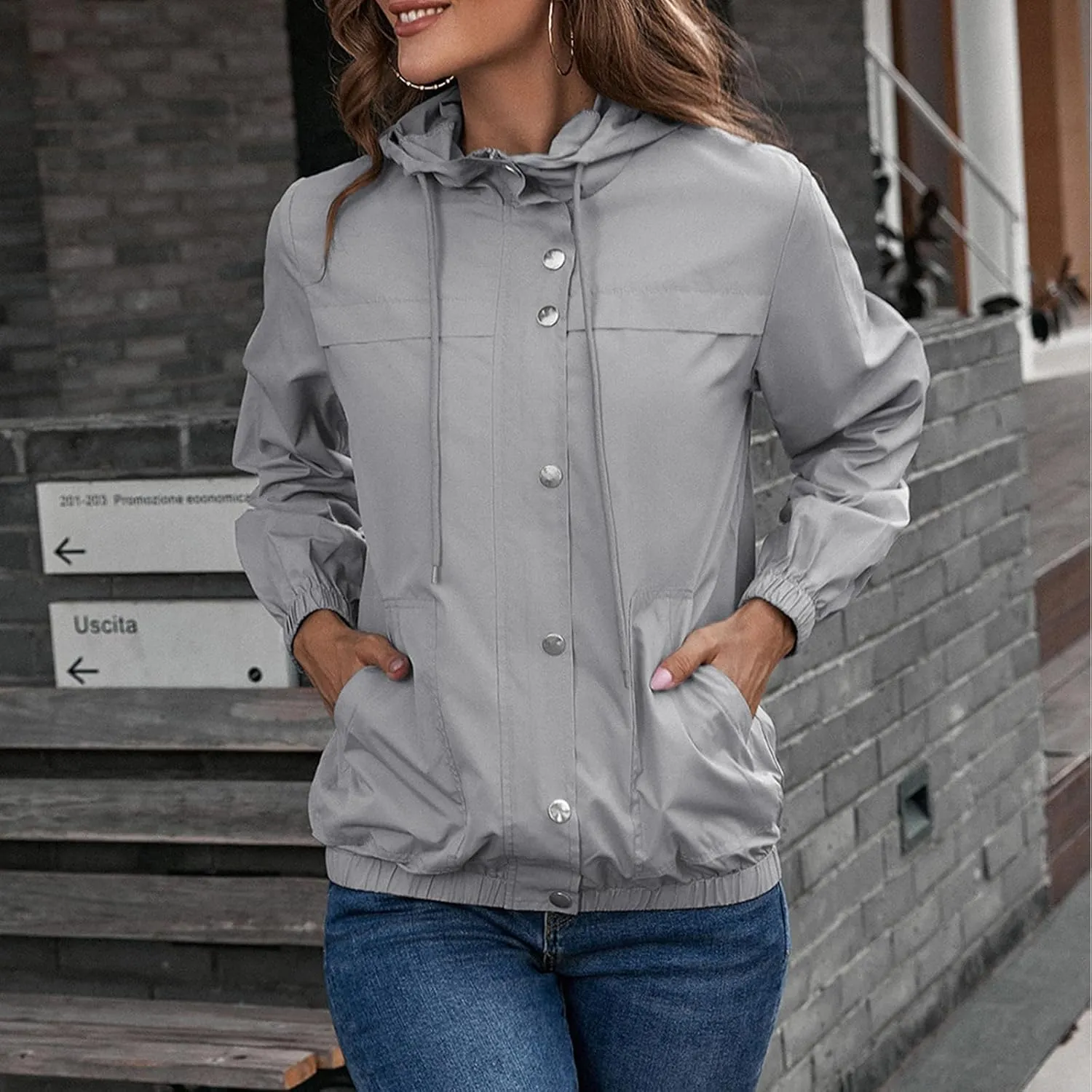 Womens Rain Jacket with Hood Waterproof Anorak Hooded Raincoat Long Sleeve Winter Warm Smooth Pocket Travel Spring
