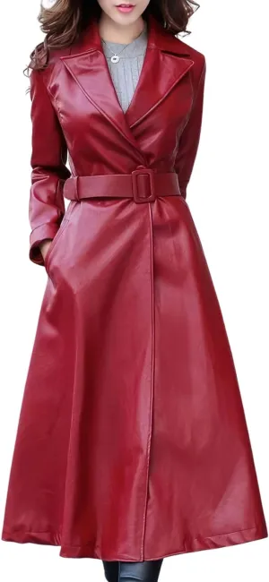 Women’s Red Genuine Sheepskin leather jacket Streetwear Outfit Single Breasted Fashionable Smooth Leather Trench Coat