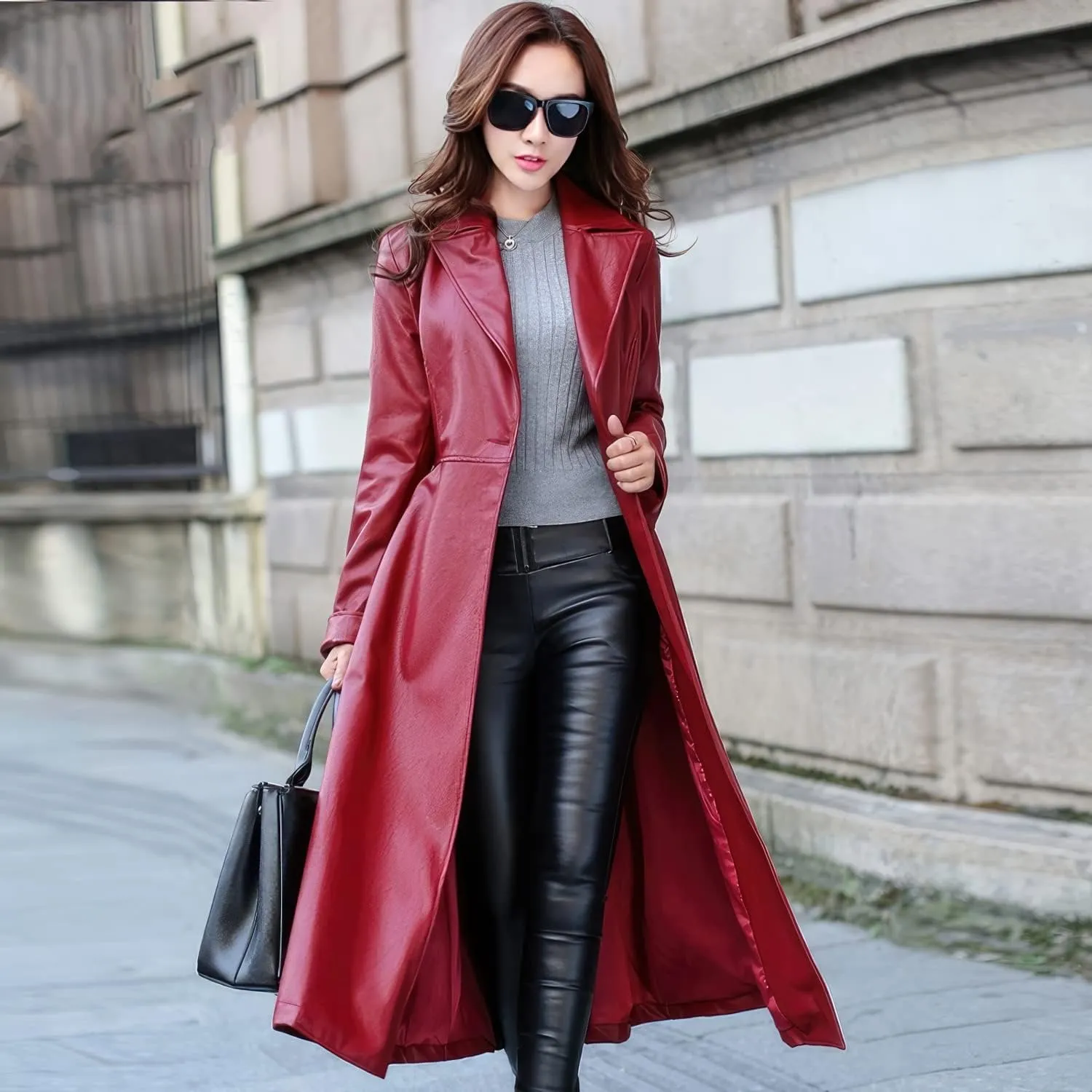 Women’s Red Genuine Sheepskin leather jacket Streetwear Outfit Single Breasted Fashionable Smooth Leather Trench Coat