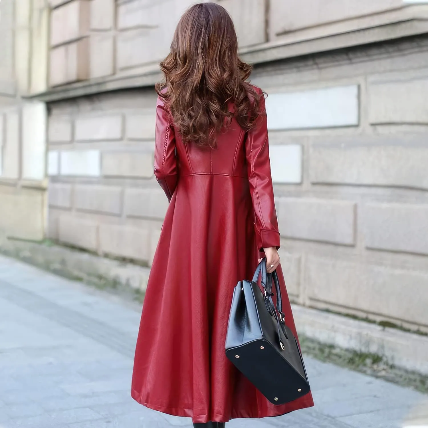 Women’s Red Genuine Sheepskin leather jacket Streetwear Outfit Single Breasted Fashionable Smooth Leather Trench Coat