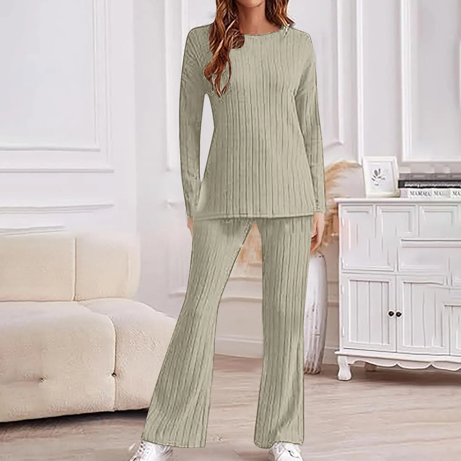 Womens Ribbed Knit Lounge Sets 2 Piece Outfits Long Sleeve Tops Matching Long Pants Loungewear Soft Cozy with Pockets