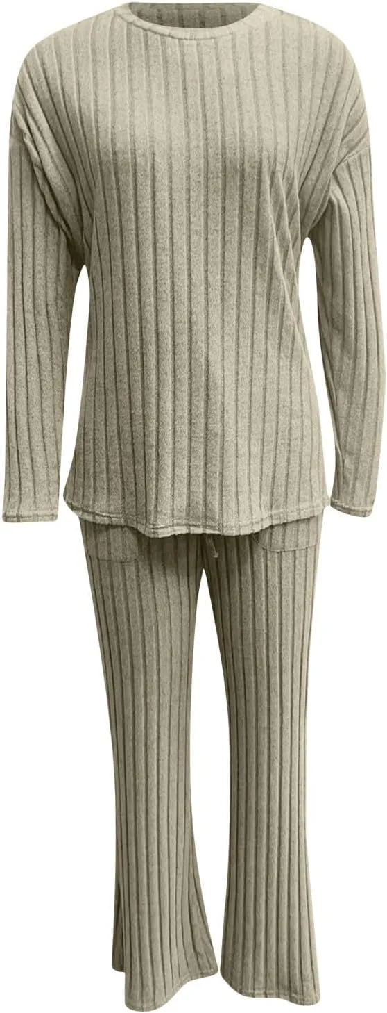 Womens Ribbed Knit Lounge Sets 2 Piece Outfits Long Sleeve Tops Matching Long Pants Loungewear Soft Cozy with Pockets