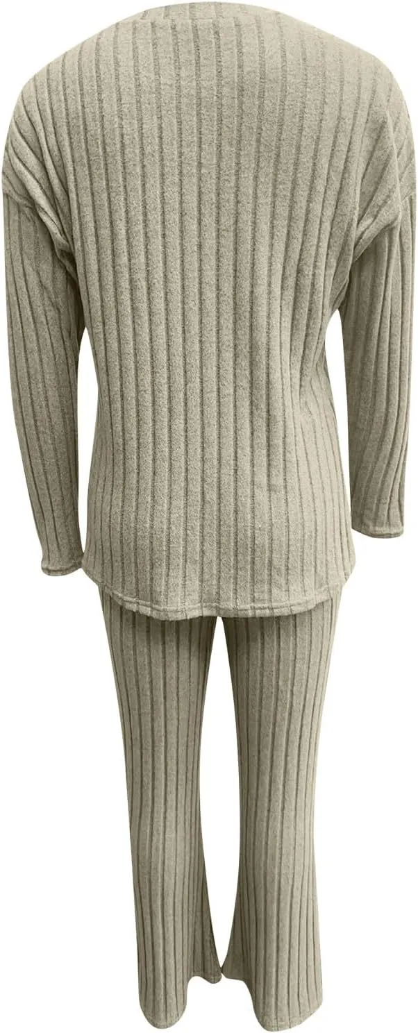 Womens Ribbed Knit Lounge Sets 2 Piece Outfits Long Sleeve Tops Matching Long Pants Loungewear Soft Cozy with Pockets