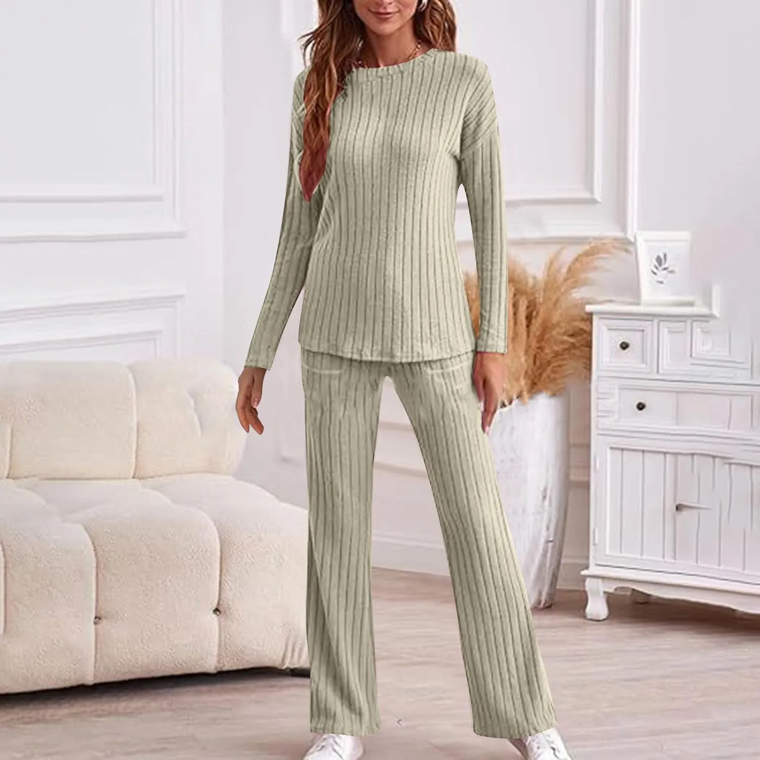 Womens Ribbed Knit Lounge Sets 2 Piece Outfits Long Sleeve Tops Matching Long Pants Loungewear Soft Cozy with Pockets