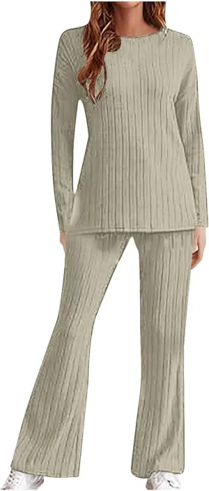 Womens Ribbed Knit Lounge Sets 2 Piece Outfits Long Sleeve Tops Matching Long Pants Loungewear Soft Cozy with Pockets