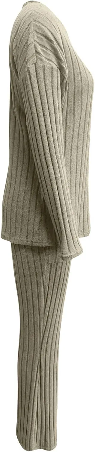 Womens Ribbed Knit Lounge Sets 2 Piece Outfits Long Sleeve Tops Matching Long Pants Loungewear Soft Cozy with Pockets