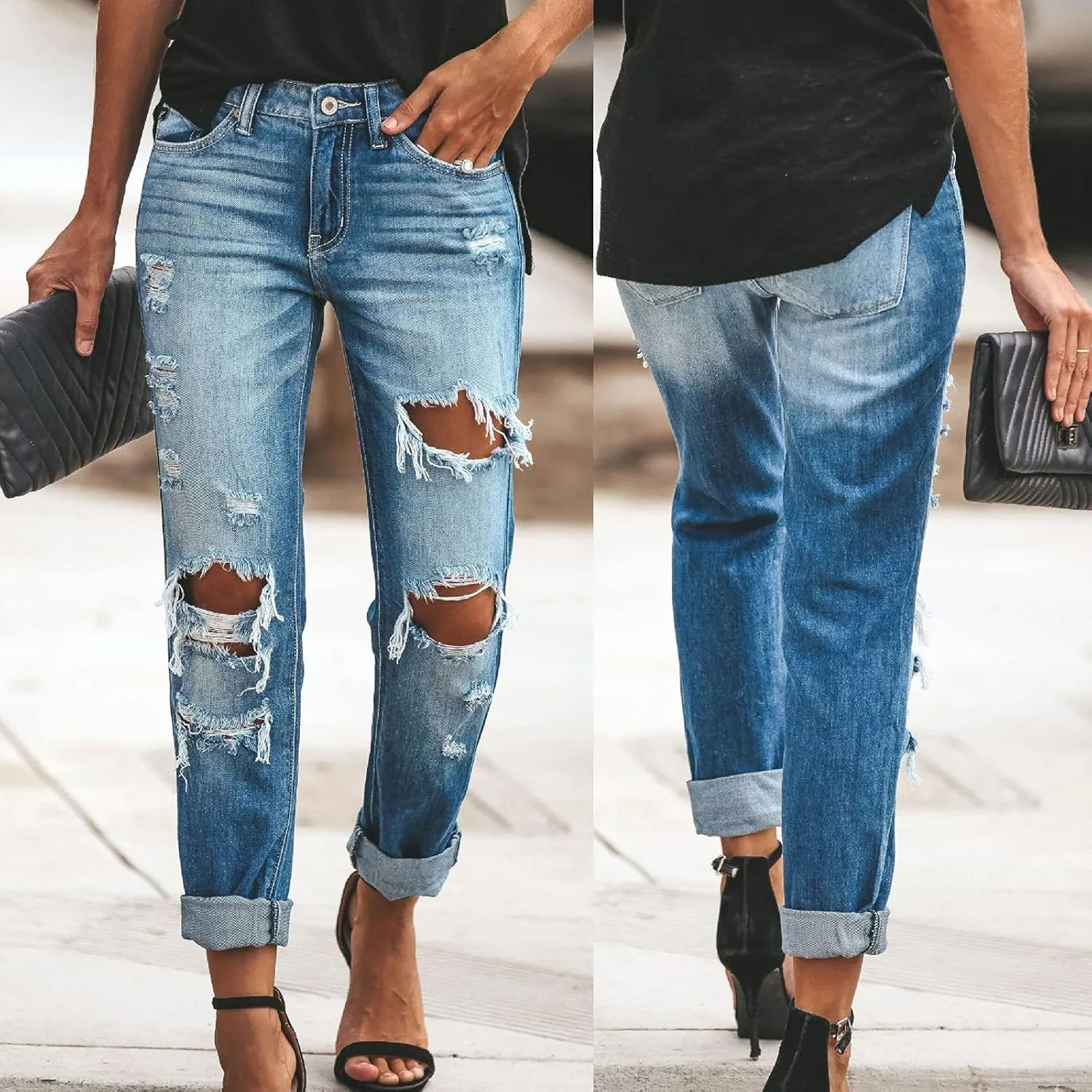 Women's Ripped Skinny Jeans Stretch Mid Rise Distressed Destroyed Denim Pants Boyfriend Ankle Jeans Mom Jeans Pants