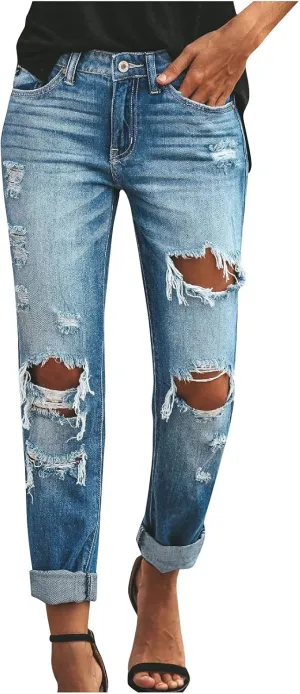 Women's Ripped Skinny Jeans Stretch Mid Rise Distressed Destroyed Denim Pants Boyfriend Ankle Jeans Mom Jeans Pants