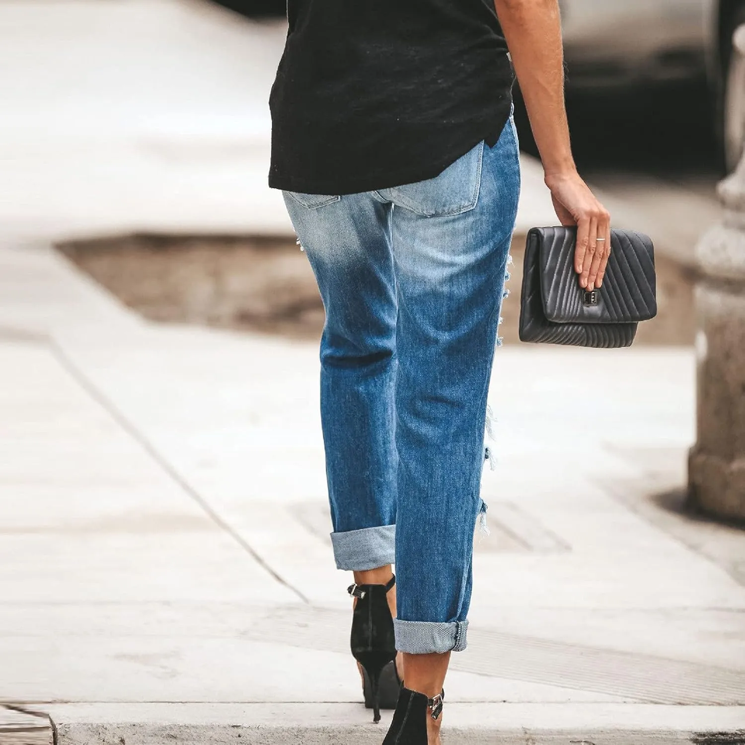 Women's Ripped Skinny Jeans Stretch Mid Rise Distressed Destroyed Denim Pants Boyfriend Ankle Jeans Mom Jeans Pants
