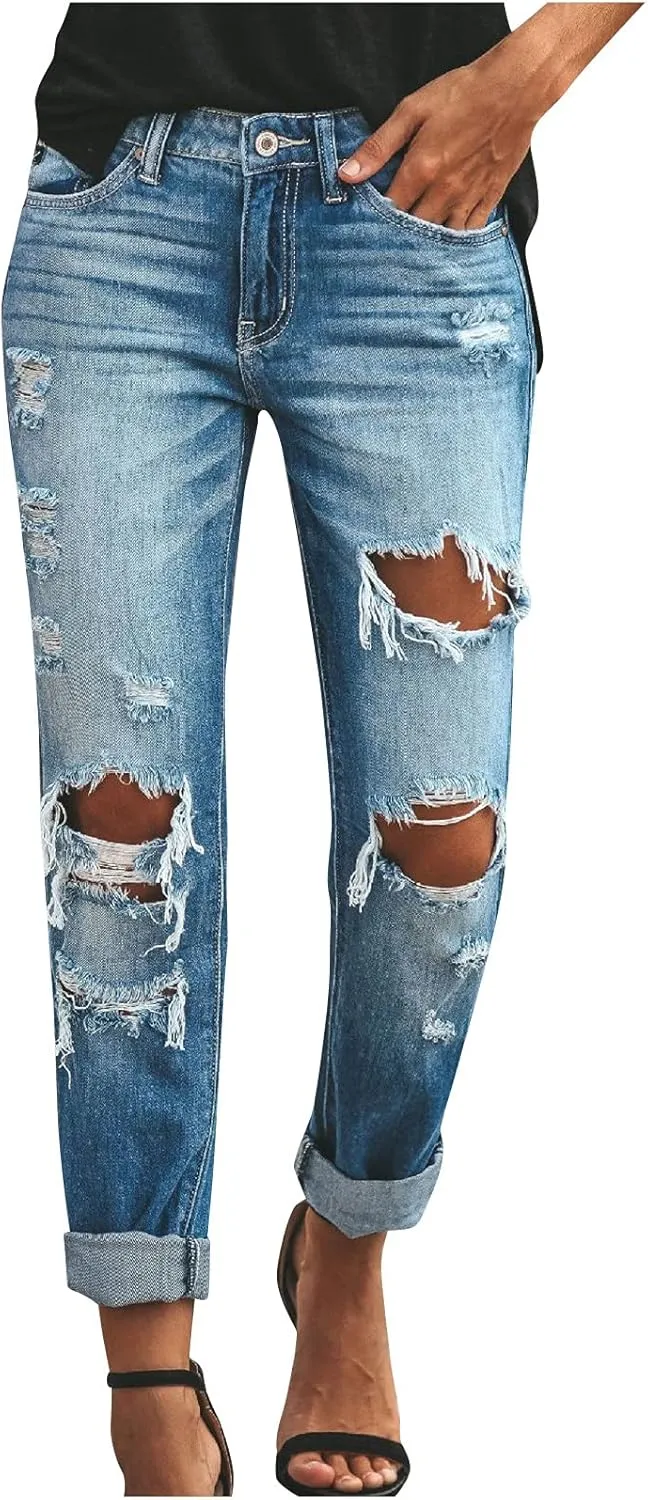 Women's Ripped Skinny Jeans Stretch Mid Rise Distressed Destroyed Denim Pants Boyfriend Ankle Jeans Mom Jeans Pants