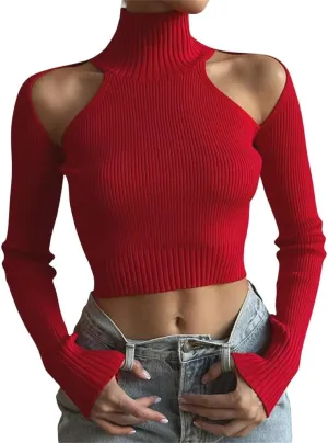 Women's Sexy High Neck Sweaters Long Sleeve Off Shoulder Cropped Pullover Sweaters Slim Knitted Tops Jumper Tops