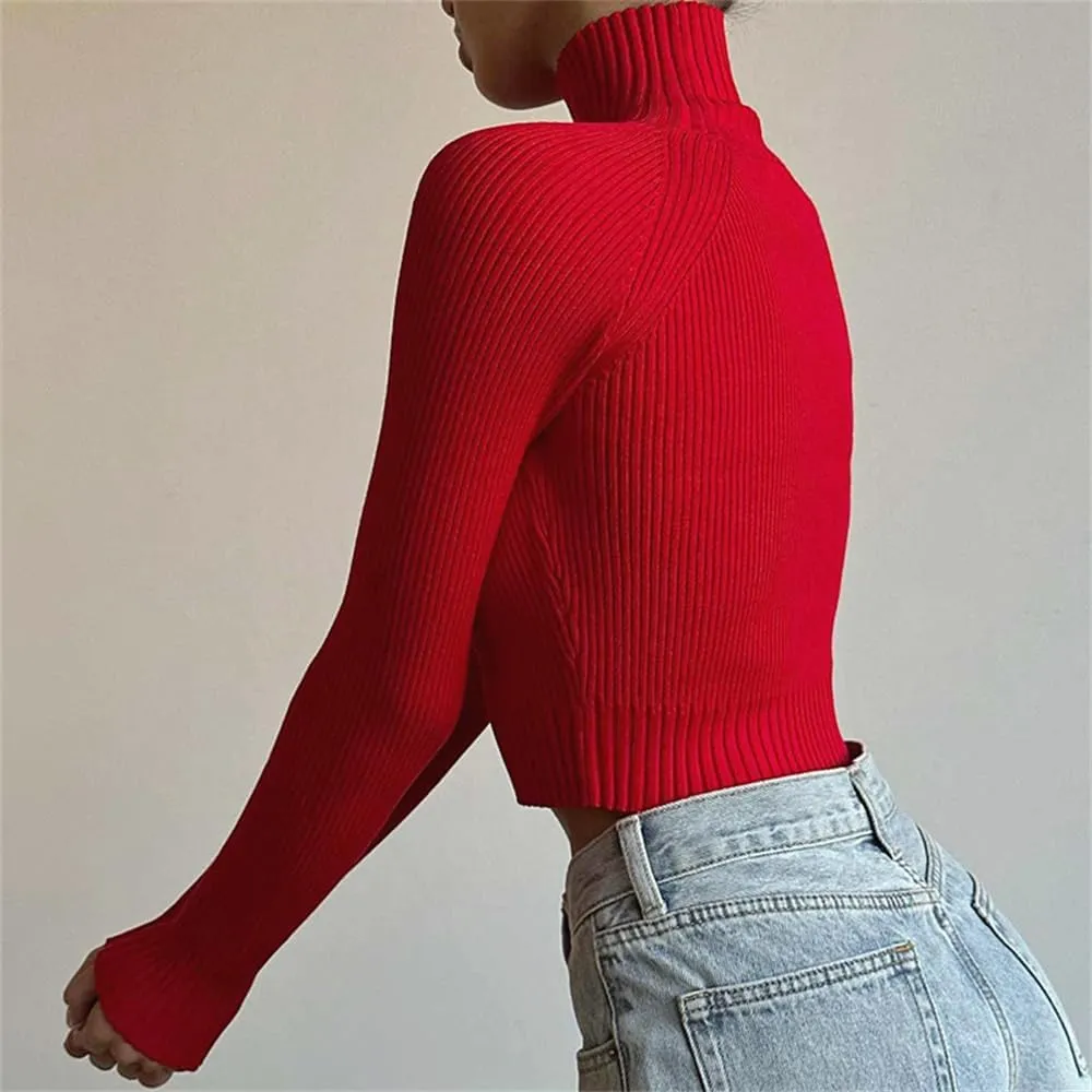 Women's Sexy High Neck Sweaters Long Sleeve Off Shoulder Cropped Pullover Sweaters Slim Knitted Tops Jumper Tops