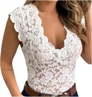 Women's Sexy Slim Blouse Lace V-Neck Sleeveless Shirts Evening Date Night Party Club Wear Solid Color Corset Tank Tops