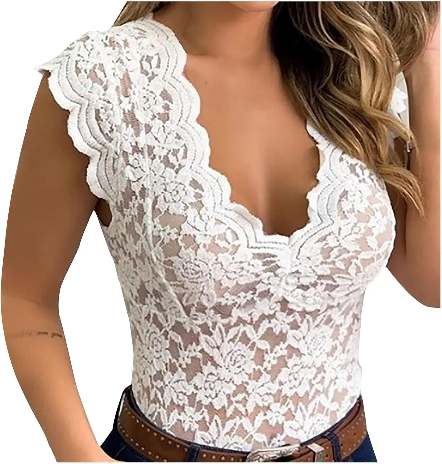 Women's Sexy Slim Blouse Lace V-Neck Sleeveless Shirts Evening Date Night Party Club Wear Solid Color Corset Tank Tops