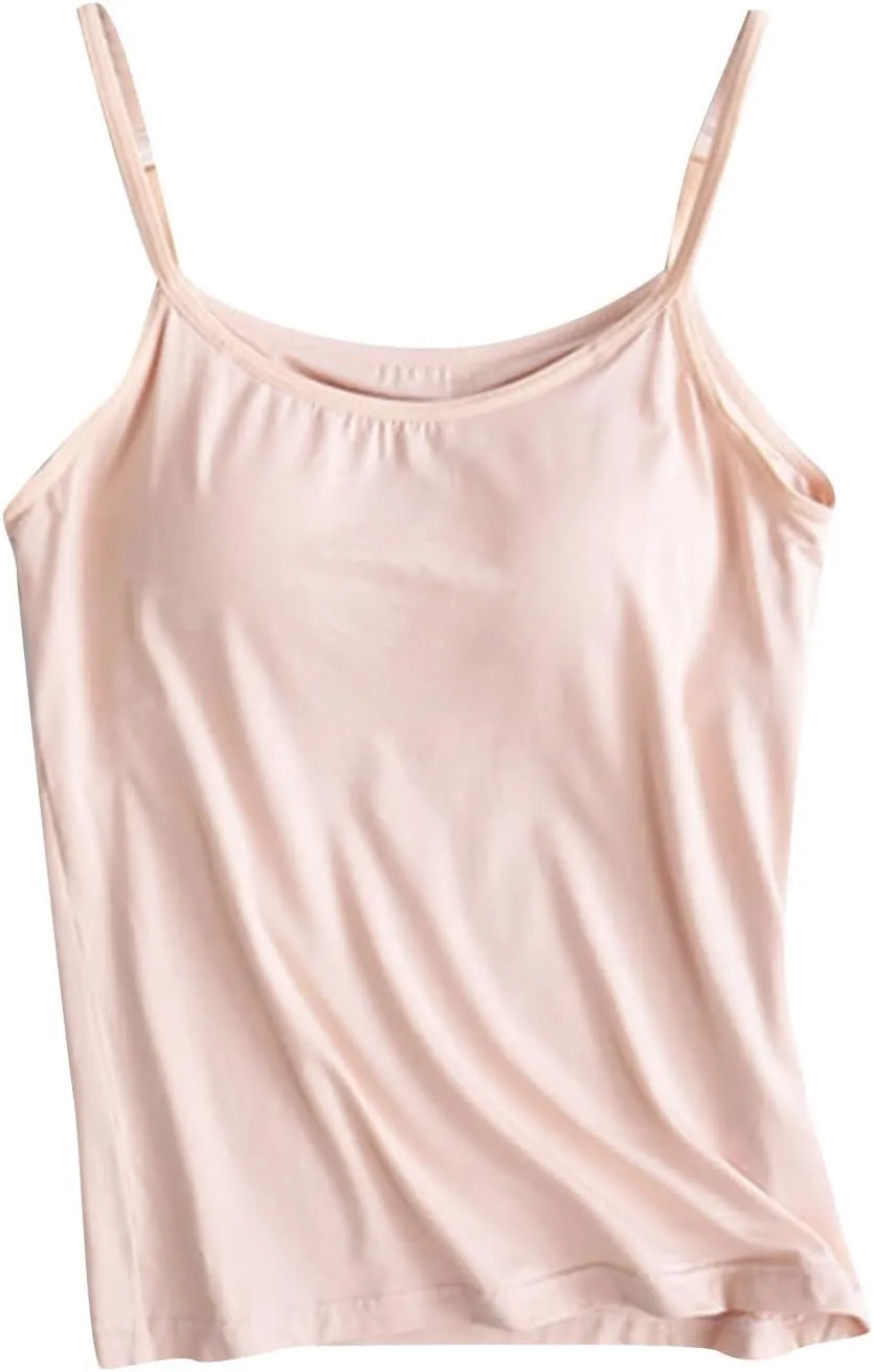 Women's Sexy Spaghetti Straps Cami Tops with Built-in-Bra, Comfy Summer Sleeveless Shirts Casual Yoga Basic Tees