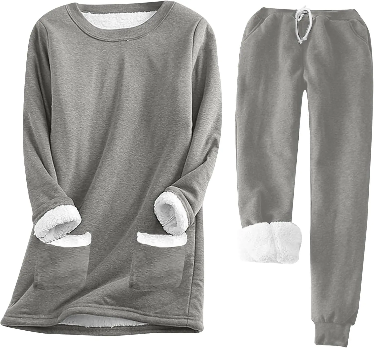 Womens Sherpa Lined Lounge Set 2 Piece Outfits Fleece Pullover Tops with Pants Loungewear Soft Warm Cozy Pajamas Sets