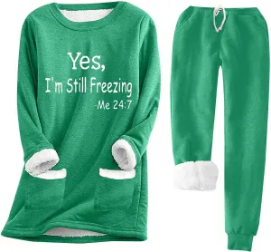 Womens Sherpa Lined Lounge Set 2 Piece Outfits Fleece Pullover Tops with Pants Loungewear Soft Warm Cozy Pajamas Sets