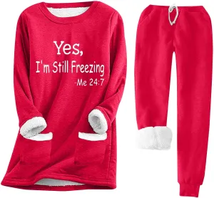 Womens Sherpa Lined Lounge Set 2 Piece Outfits Fleece Pullover Tops with Pants Loungewear Soft Warm Cozy Pajamas Sets