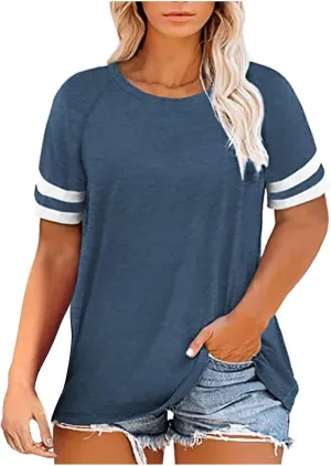 Women's Short Sleeve Plus Size T Shirts Loose Fit V Neck Color Block Tee Blouses 2025 Trendy Summer Oversized Tops