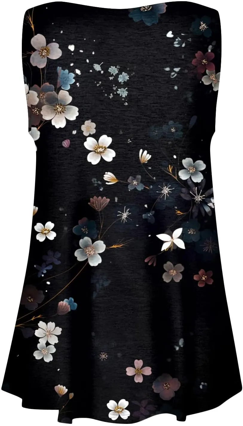 Womens Sleeveless Summer Tank Top Oversized Trendy Crew Neck Tunic Tops Comfy Loose Fit Print Soft Tank Tops