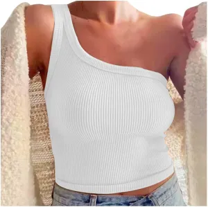 Women's Solid Color Short Bustier One Shoulder Camisole Tank Top T Shirt Stylish Casual Crop Top Halter Bodysuit
