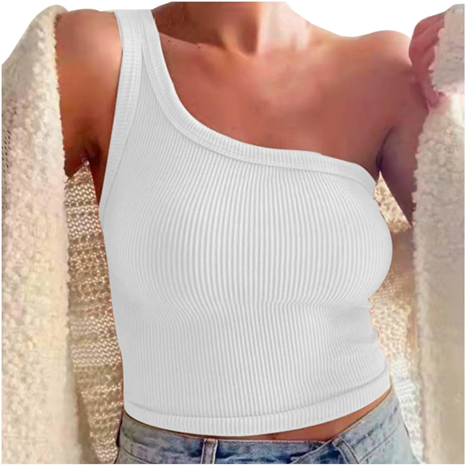Women's Solid Color Short Bustier One Shoulder Camisole Tank Top T Shirt Stylish Casual Crop Top Halter Bodysuit